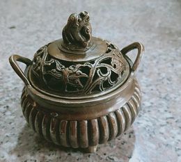 Antique Wholesale Brass Crafts Carved Double Ears Lid Censer Incense Burner Decoration Daming Xuande