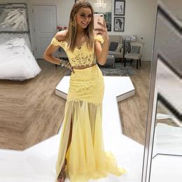 Yellow Lace Two Pieces Prom Dresses with Slit Off Shoulder Sexy Evening Party Gowns Robe De Soiree