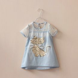 1-7 YEAR Girls baby Summer denim Dress 3d fox sequins kids hollow out short sleeve dress child one-piece dress Brand clothing