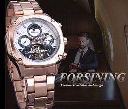 Forsining Mens Fashion Brand Mechanical Watch Rose Gold Tourbillon Moonphase Date Steel Band Automatic Watches Relogio Masculino218B