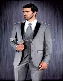 Newest Grey Groomsmen Notch Lapel Wedding Groom Tuxedos Men Suits Wedding/Prom/Dinner Best Man Blazer(Jacket+Tie+Vest+Pants) 585