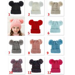 Kids Knit Crochet Beanies Hat Xmas Warm Girls Double Ball Cap Outdoor Pom Ski Cap For Children Christams 12 Color DHL HH9-2421