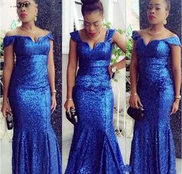 Nigerian Sparkly Royal Blue Sequins Prom Dresses Off Shoulder Floor Length African Evening Gowns Formal Occasion