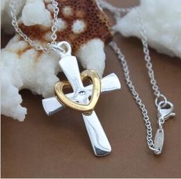 Fashion-Ten Necklace Gold and Silver Cross Heart Necklace 925 Silver Plated Crucifix Heart Pendant Necklace DHL Christmas Gift