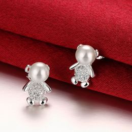 Fashion-Mini Cute Animal Bear Silver Plated Pearl Earrings Zircon Stud Earrings for Girls Puch Back Earrings