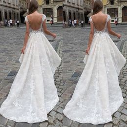 Sexy Short Front Long Back High Low Wedding Dress Bateau Neck Capped Sleeves Backless Lace Bridal Gown Custom Made