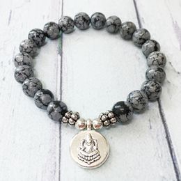 MG0514 8 mm Handmade Men`s Yoga Snowflake Obsidian Bracelet Buddha Charm Wrist Mala Beaded Bracelet Healing Crystal Gift for Him