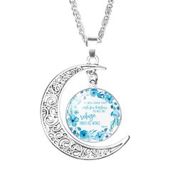 2019 Christian Bible Verse Moon necklaces For women Catholic church Scripture Glass Time Gem Cabochon pendant chains Fashion Jewelry Bulk