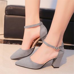 2018 spring wild Female sandals shoes Sexy high heels gray buckle hollow sandals thick with pointed shoes s011