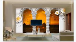 3D customized large photo mural wallpaper Real flower metal flower vine Roman column arches sunset European 3D background mural