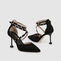 Vendita calda Sandali da donna Rivetto Punta a punta 8,5 CM Tacco alto Scarpe da donna Signore Nero Ragazza Sandalo Casual Prom Serata Scarpe formali