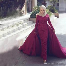 Elegant Detachable Muslim Evening Dresses Newest Mermaid High Neck Long Sleeves Lace Beaded Islamic Dubai Saudi Arabic Prom Gowns Vestidos