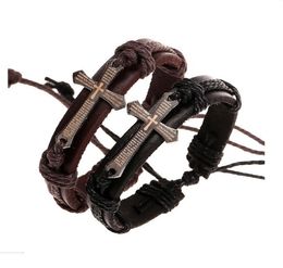 Vintage-Lederarmbänder, Armreifen, Metallkreuz, Jesus-Charm-Armband, verstellbares Wachsschnur-Armband für Männer und Frauen