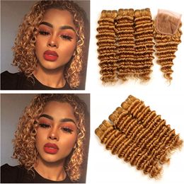#27 Honey Blonde Peruvian Deep Wave Human Hair 3Bundles with Closure Strawberry Blonde Human Hair Weave Wefts with 4x4 Front Lace Closure