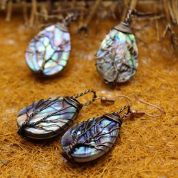 10Pairs Rainbow Tree of Life Earrings Vingtage Antique Bronze Wire Wrapped Water Drop Paua Abalone Shell Earrings Fashion Handmade Jewellery