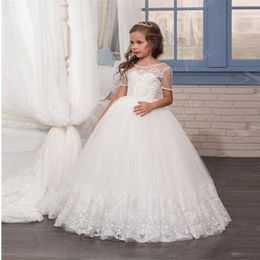 Cap Sleeves Tulle Ruffles Skirt A Line Flower Girls' Dresses Lace 3D Floral Beaded Bow Sash Hollow Back Girls' Dresses