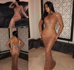 2019 Long Sleeves Saudi Arabic Dubai Mermaid Evening Dress Gold Sequins Holiday Women Wear Formal Party Prom Gown Custom Made Plus Size
