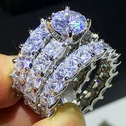 ring Luxury Jewellery 925 Sterling Silver Princess Cut White Topaz CZ Diamond Stack Eternity Women Wedding Band Ring Gift
