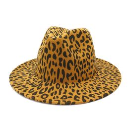 Unisex Leopard Print Fashionable Flat Brim Wool Felt Jazz Fedora Hats Party Stage Hat Panama Fascinator Trilby Cap for Men Women