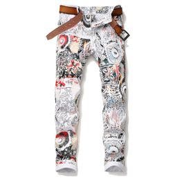 mens slim fashion nightclub pants autumn stretch digital print pants trendy mircoelastic flower leaf white printed graffiti casual jeans