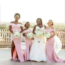 2019 Cheap Dusty Pink Mermaid Bridesmaid Dresses South African Plus Size Sexy Side Slit Off the Shoulder Maid of Honor Gown Custom Made