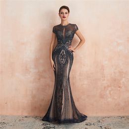 2020 New Sexy Crystal Beading Mermaid Party Gowns With Short Sleeve Plus Size Formal Evening Celebrity Dresses BE86