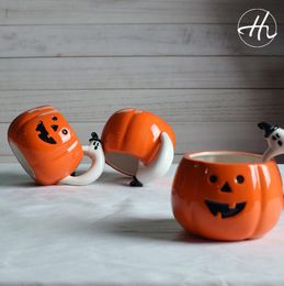 Pumpkin Ceramic Mug with Ghost Handle Halloween Gift Ceramic Water Cups Pumpkin Head Cup 10pcs OOA7281-1