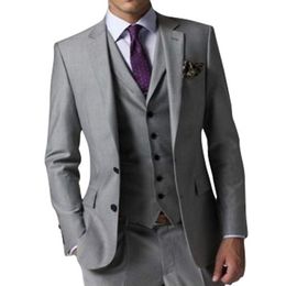 Fashion Side Slit Two Buttons Light Grey Groom Tuxedos Notch Lapel Men Wedding Party Groomsmen 3 pieces Suits Jacket Pants Vest T296E