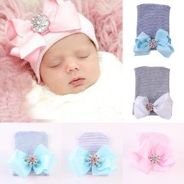 7 colors Cute Infant Toddler Unisex Bow Shiny Diamond hat Kids Spring Autumn Knitted Caps Baby stripe Hats Cotton Headwear 12*9cm