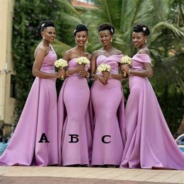 Lilac Satin Prom Evening Bridesmaid Dresses With Train 2020 One Shoulder Strapless Pleated South African Wedding Dress For Guests Plus Size