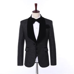 Custom Made Groomsmen Black Pattern Groom Tuxedos Shawl Velvet Lapel Men Suits Wedding Best Man Bridegroom (Jacket + Pants + Vest + Tie)L251