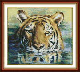 A tiger in water Drawing decor paintings ,Handmade Cross Stitch Craft Tools Embroidery Needlework sets counted print on canvas DMC 14CT /11CT