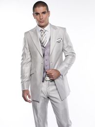 Silver Grey Groom Tuxedos Peak Lapel Groomsman Wedding Tuxedos Fashion Men Prom Jacket Blazer 3 Piece Suit(Jacket+Pants+Tie+Vest) 138