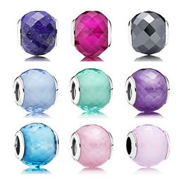 Authentic 925 sterling silver Beads Fits for pandora Bracelets Geometric Facets glass Beads diy Jewellery for women 10 Colour wholesale