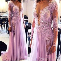 Sexy Cheap Lilac Prom Dresses Sheer Neck Beads Lace Appliques Plunging V Neck Chiffon High Split Long Sleeves Formal Dress Evening Gowns