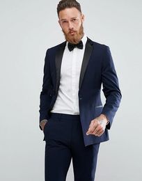 New Latest Design Back Vent One Button Navy Blue Wedding Groom Tuxedos Notch Lapel Groomsmen Men Suits Prom Blazer (Jacket+Pants+Tie) 103