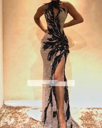 Sexy Halter Lace Beading Mermaid Long Prom Dresses High Neck Front Split Black Applique Evening Gowns Special Occasion Wear