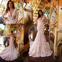 Mermaid Deep V Neck Wedding Dresses with Illusion Long Sleeve Modern Lace 3D Appliques Sweep Train Holiday Bride Wedding Gown