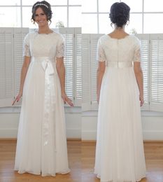 Beaded Lace Chiffon A-line Long Modest Wedding Dress With Short Sleeves High Neck Floor Length Informal Temple Bridal Gowns With Sash