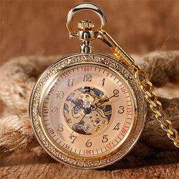 Classical Antique Luxury Yellow Gold Watch Men Women Mechanical Hand Winding Pocket Watch Unisex Clock Pendant Chain Gift