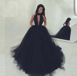 Sexy Women Black Ball Gown Simple Halter Custome Made Turkey Evening Dresses New Indian Style Puffy Evening Dress