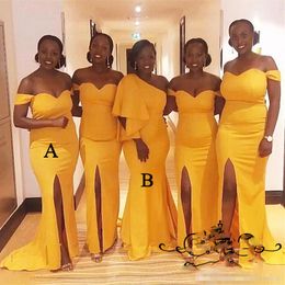 Gold Yellow Satin Mermaid Bridesmaid Dresses 2019 One Shoulder Side Split Long Maid Of Honor Dress Party Wedding Guest For Women