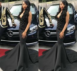 Black Girls Beads Mermaid Prom Evening Dresses Deep V NeckLace Pearls Sweep Train Formal Dresses Evening Gowns Special Occasion Gowns