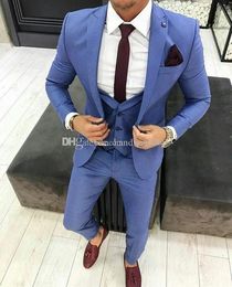 Latest Design One Button Blue Groom Tuxedos Peak Lapel Groomsmen Mens Suits Wedding/Prom/Dinner Blazer (Jacket+Pants+Vest+Tie) K176