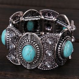 Fashion-Antiqued Silver Plated Oval Turquoise Stone Crystal Bohemia Stretch Bracelet Flex Bracelet for Women Men Gifts