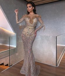 2020 Champagne Mermaid Evening Dresses Jewel Long Sleeve Beads Tassel Sequins Prom Dress Tulle Floor Length Special Occasion Dresses