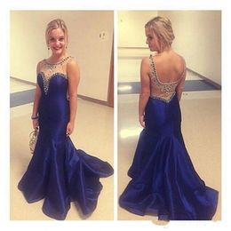 New Royal Blue Mermaid Prom Dress Beaded Formal Gown Beadings Evening Gowns Formal Gown For Senior Teens Open back Jewel Sheer Neck Straps