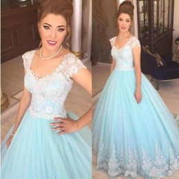 White Light Newest Blue Prom Dresses Lace Applique Short Sleeves Tulle Floor Length A Line Custom Made Evening Party Gown Vestido De Noche