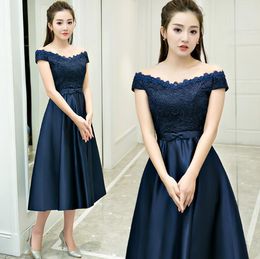 Navy Blue Off-shoulder Satin and Lace Bridesmaid Dress Tea-length Bridesmaid Dress Formal Dress Bodice Gown Custom Made