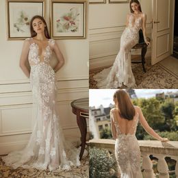Illusion Mermaid Wedding Dresses Boho Sweep Train V Neck Lace Applique Beach Wedding Dress 2020 Long Sleeve Robes De Mariée
